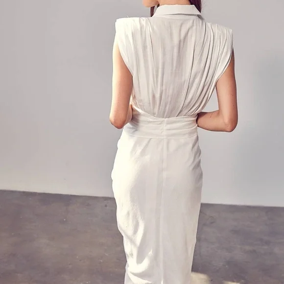 NWT White Button Up Shirt Dress With Power Shoulder - Picture 3 of 5